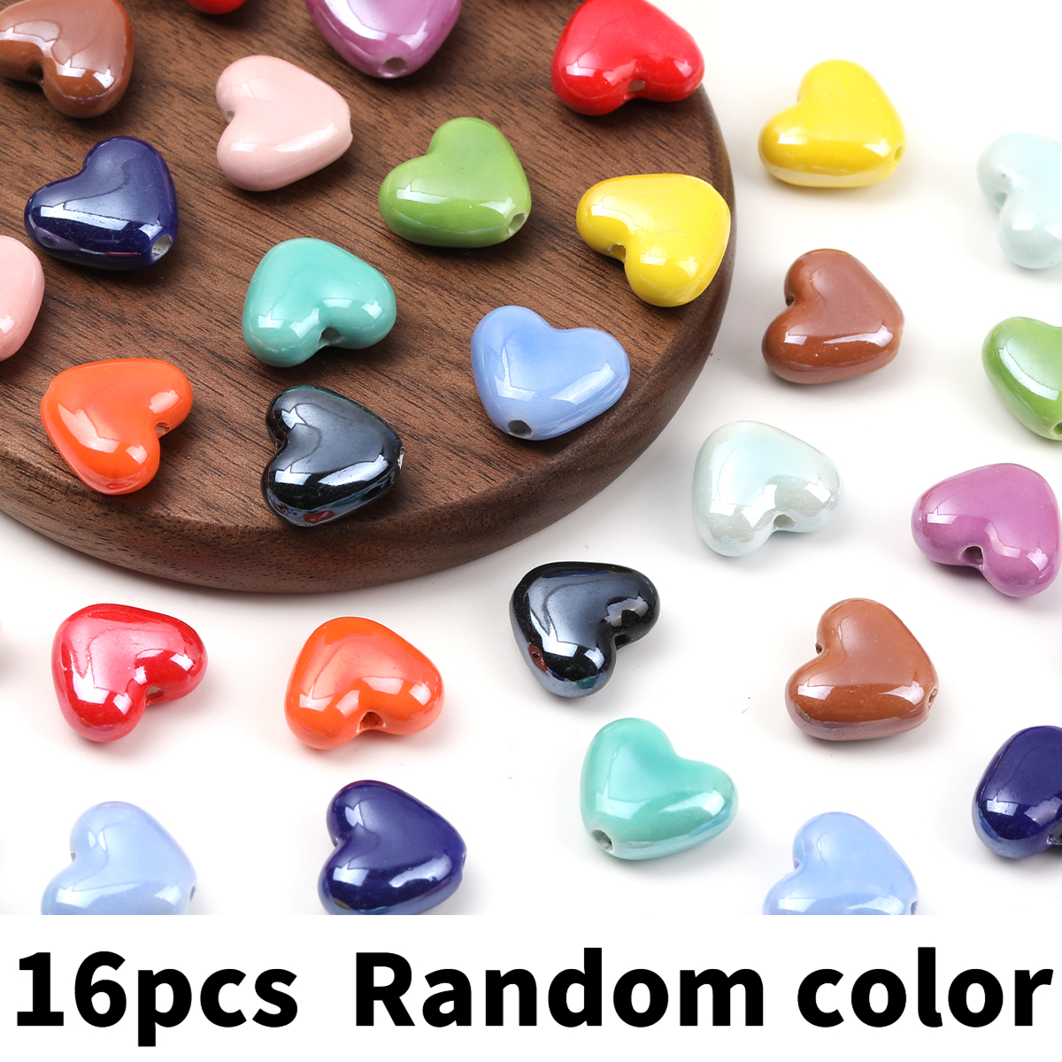 TEMU 8pcs/16pcs Random Color Beads & Bead Assortments 13x15mm Bright Glazed Porcelain Heart Shape Vertical Hole Ceramic Beads For Diy Bracelet Beads