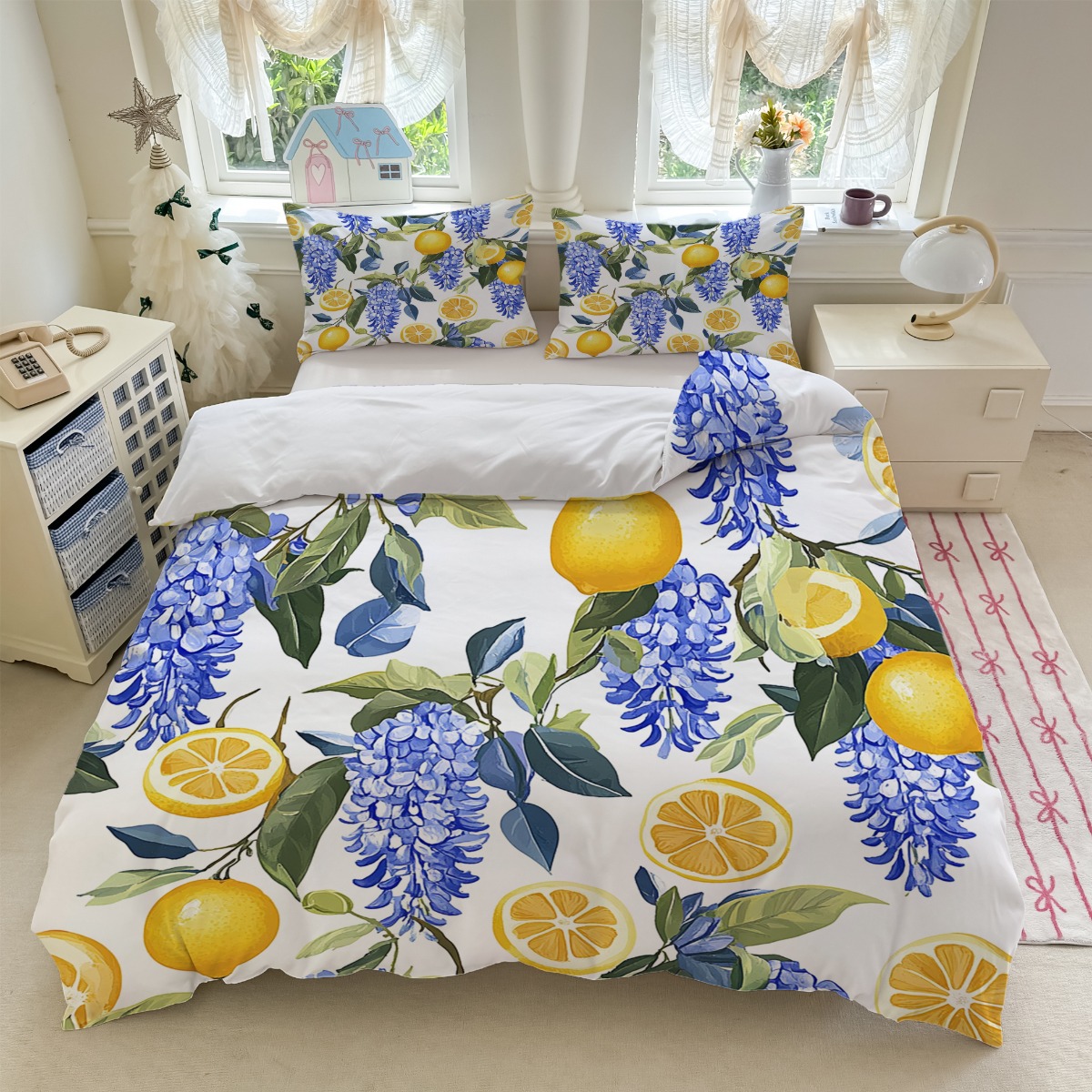 TEMU 3 pièces de Literie Imprimé Citron et - Fond Blanc avec Citrons Jaunes et Fleurs Bleues (1 Housse de Couette + 2 Taies d'Oreiller, Garnissage) -