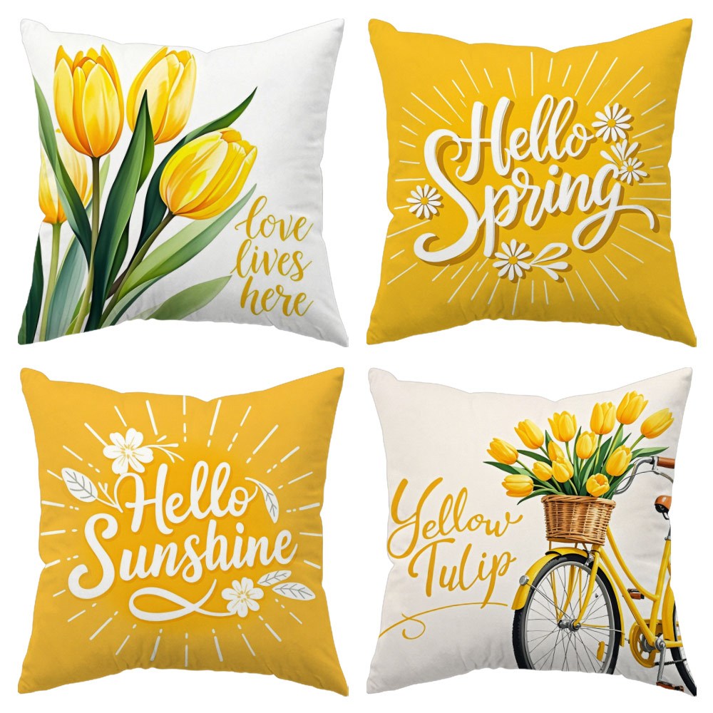 E-shop 4 Stück 2D Flachdruck Polyesterfaser Kissenbezug mit Gelber Fahrrad-Muster – Frühlingsblumen-Stil, Moderner Dekorativer Kissenbezug (Ohne