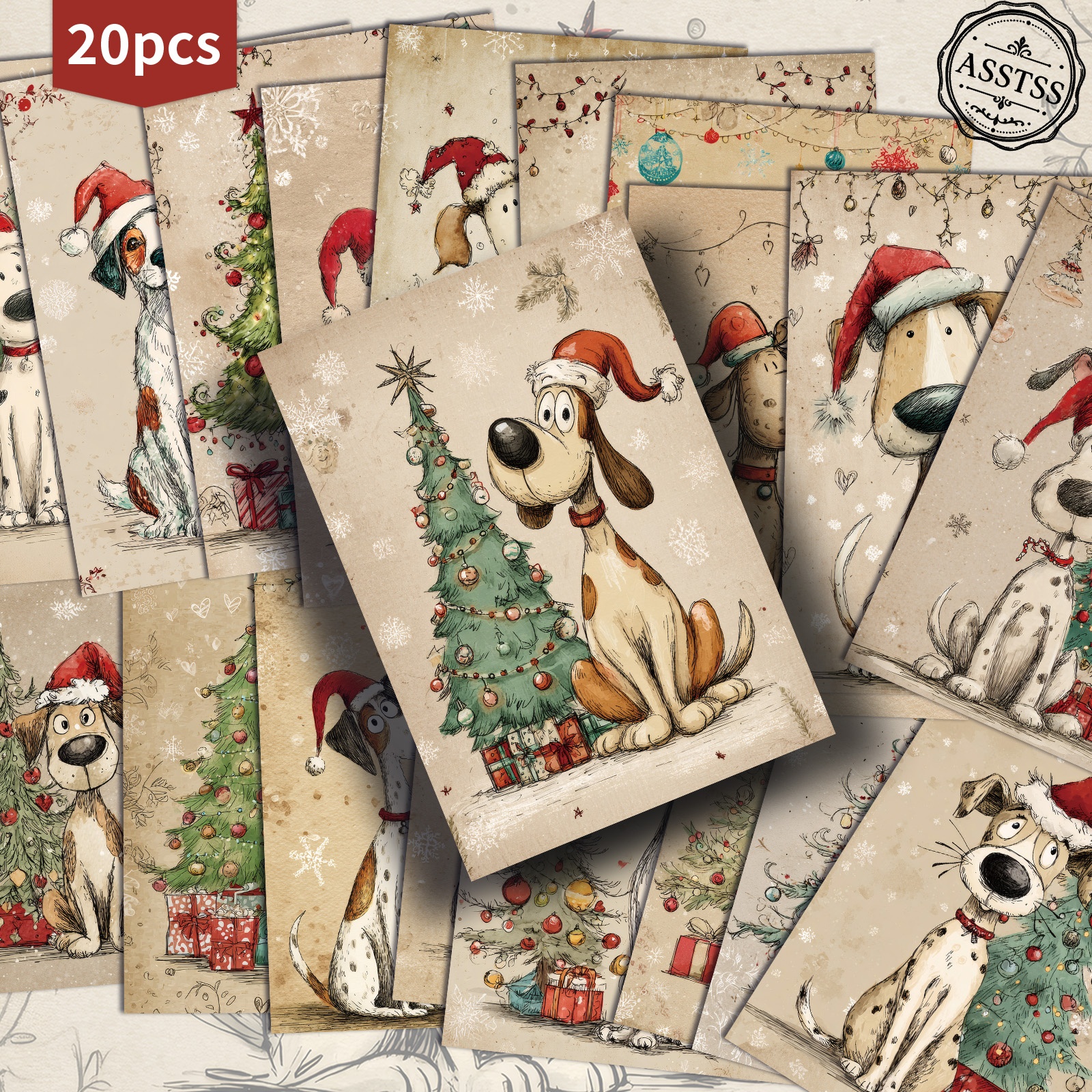 TEMU Lot de 20 cartes de Noël vintage pour chiens ASSTSS - 4X6 pouces, fournitures de journal rétro, illustrations classiques, cartes de peinture