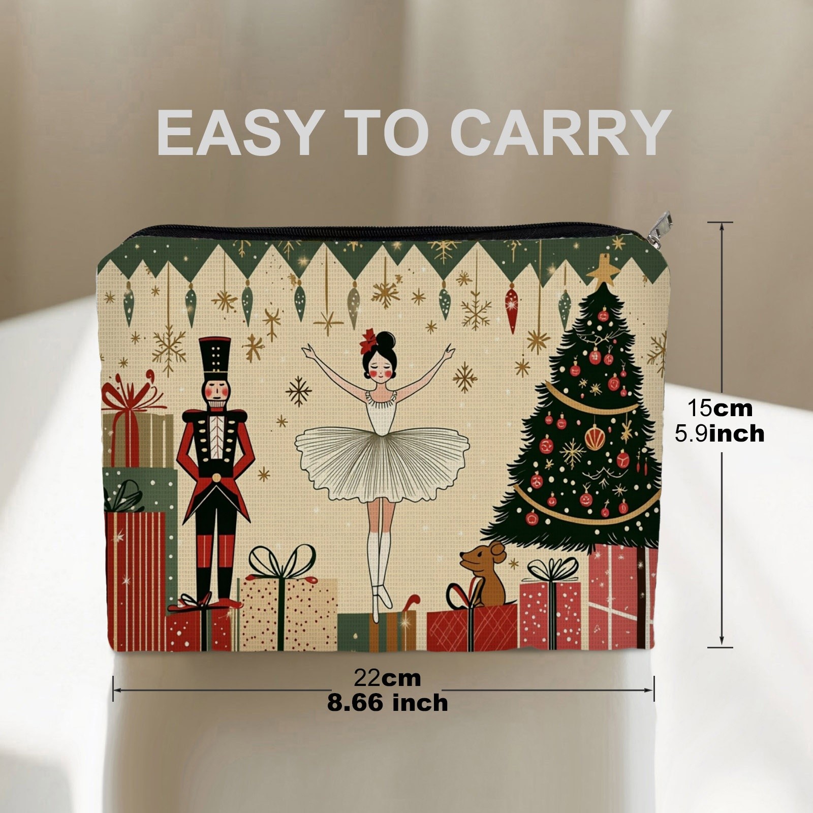 TEMU 1 pz. Trousse per trucco con stampa di balletto e di Natale, motivo festivo a con ballerina, albero di Natale e regali, custodia per articoli da