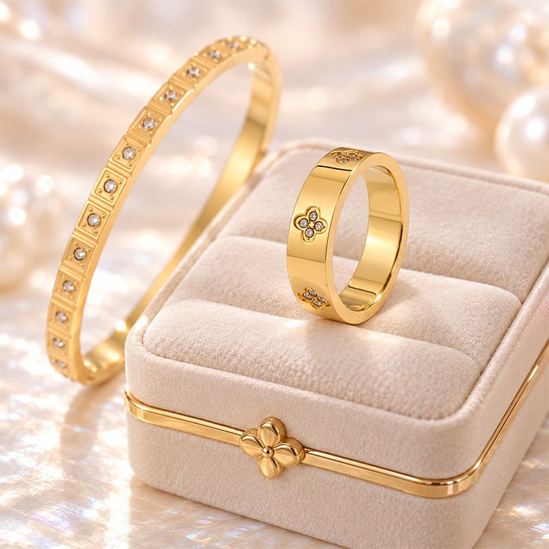 Women's 2pc Adjustable Bangle & Ring Set, Dazzling Zirconia Design