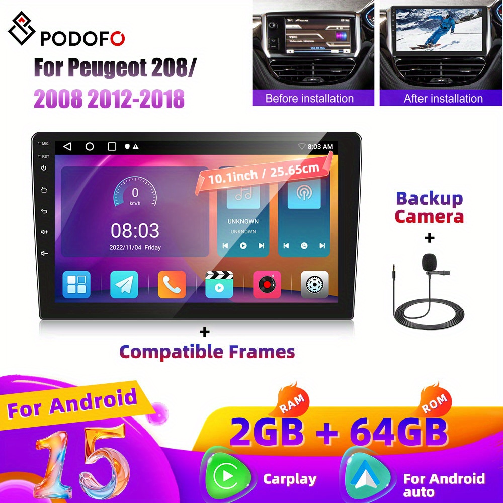 TEMU PODOFO 2G+ 64G 15 Radio de voiture pour /2008 2012-2018 avec Carplay fil, Radio 10 pouces écran tactile Navigation DSP B/T WiFi FM/RDS Radio,