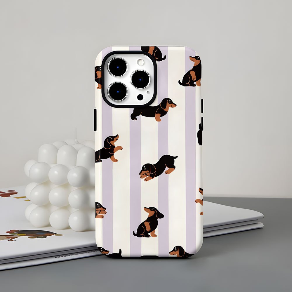 TEMU Phone Case: Cute Dachshund Striped Pattern 2-in-1 Film Case, Durable And Sturdy, Dual-layer Design For Superior Protection, Drop-resistant And