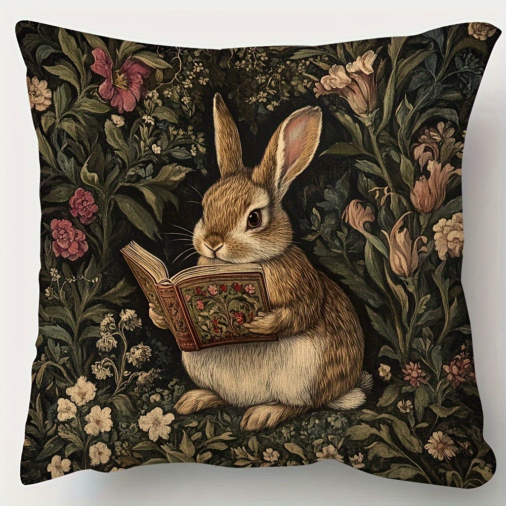 TEMU 2d Flat - A Victorian-style Rabbit Reading A Plant Cover - Double-sided, 18 Inches X 18 Inches, Zipper Closure, 2d Print, Made Of Polyester,