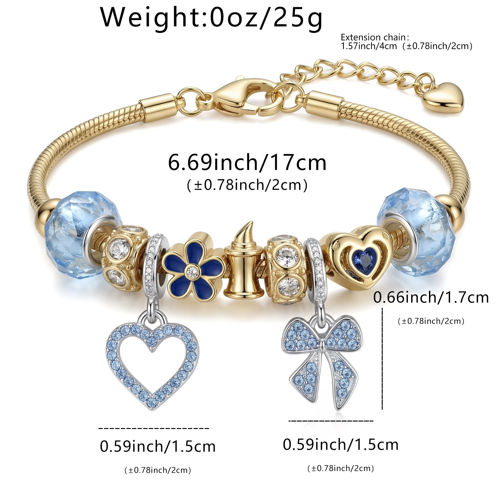 TEMU 1pc Golden Plated Stackable Charm Bracelet With Heart Bow Flower Synthetic Zirconia Snake Chain Jewelry For Women