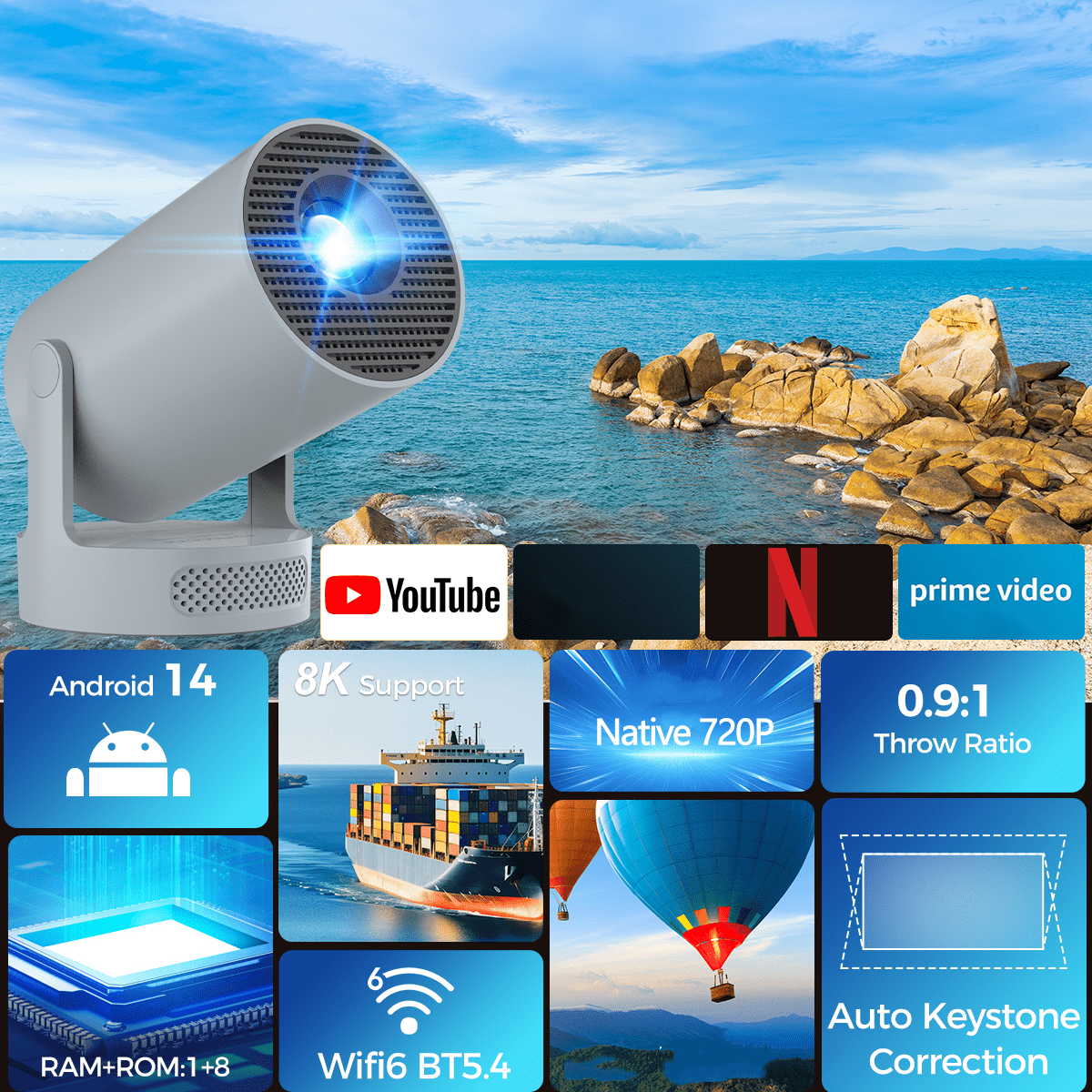 E-shop Magcubic Hy300Pro+ Smart - 180° Rotation - 1GB RAM + 8GB ROM Speicher - 0.9:1 Throw Ratio - 720P Unterstützung 8K - 310ANSI - 14.0 System und