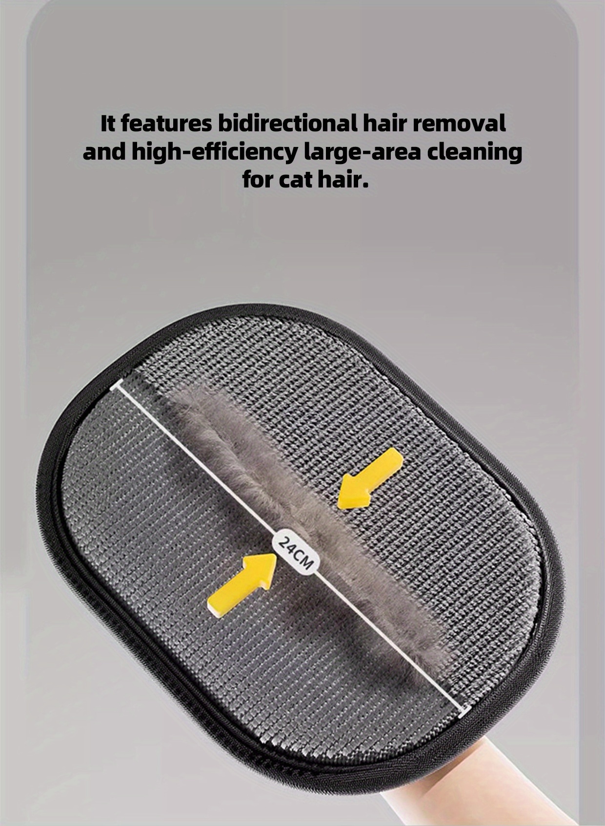   large pet static electricity hair removal glove a black polypropylene cat grooming glove with yellow accents measuring 24 99  98cm this glove   removes pet hair and dander making it an essential tool for cat and dog Product details 2
