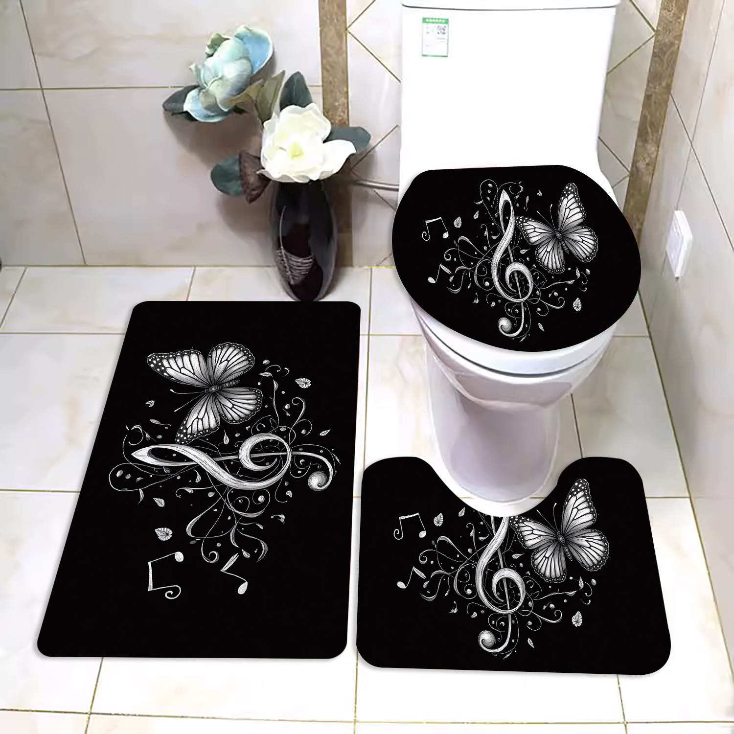 TEMU Ensemble de 3 tapis de bain avec motif floral de papillons, notes de musique et blanc, tapis décoratifs de style et élégant, avec tapis de