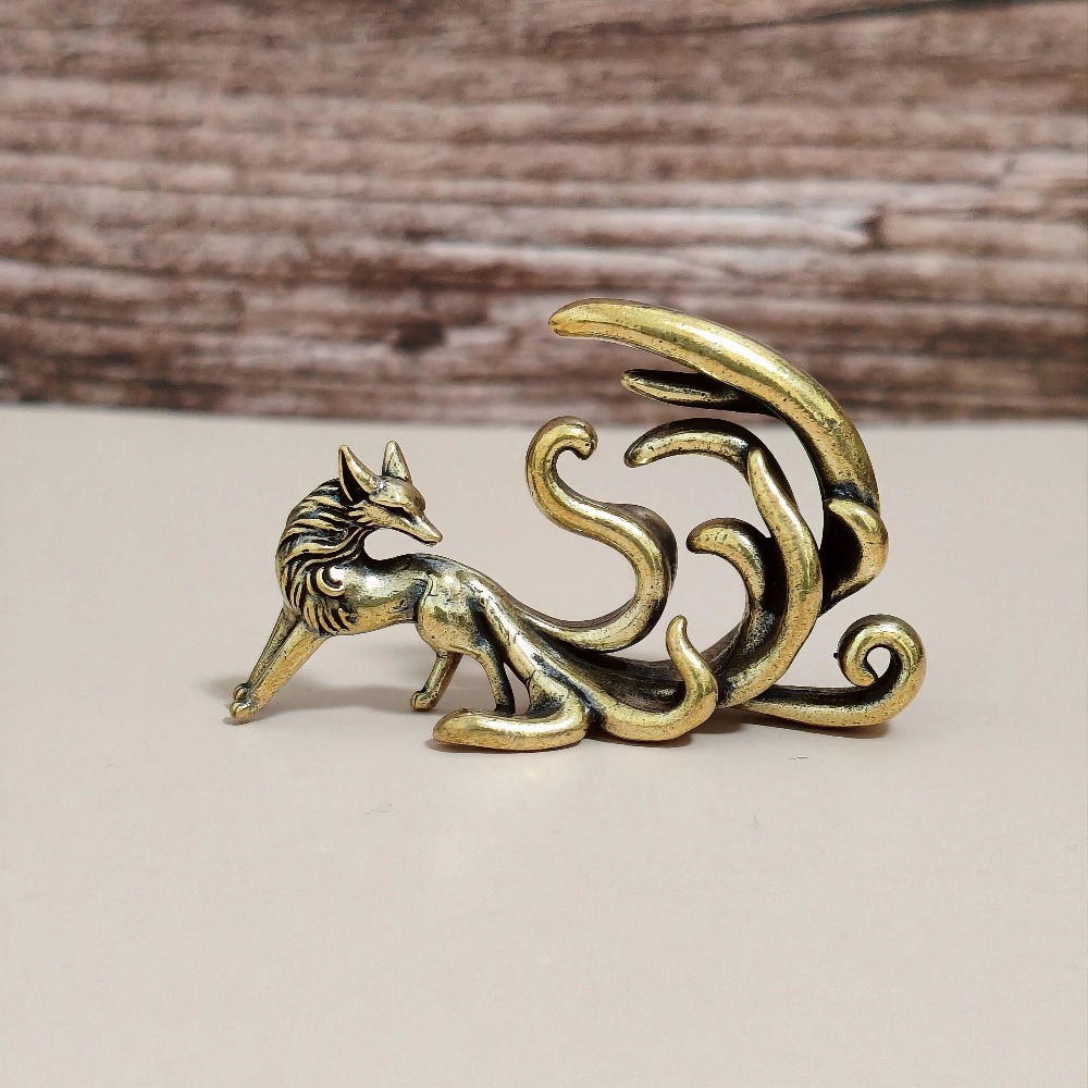 TEMU Solid Brass Nine-tailed Fox Ornament, Distressed Mythical Spirit Fox Handheld Carving, Desk And Car Decoration Craft, Gift, Christmas Present