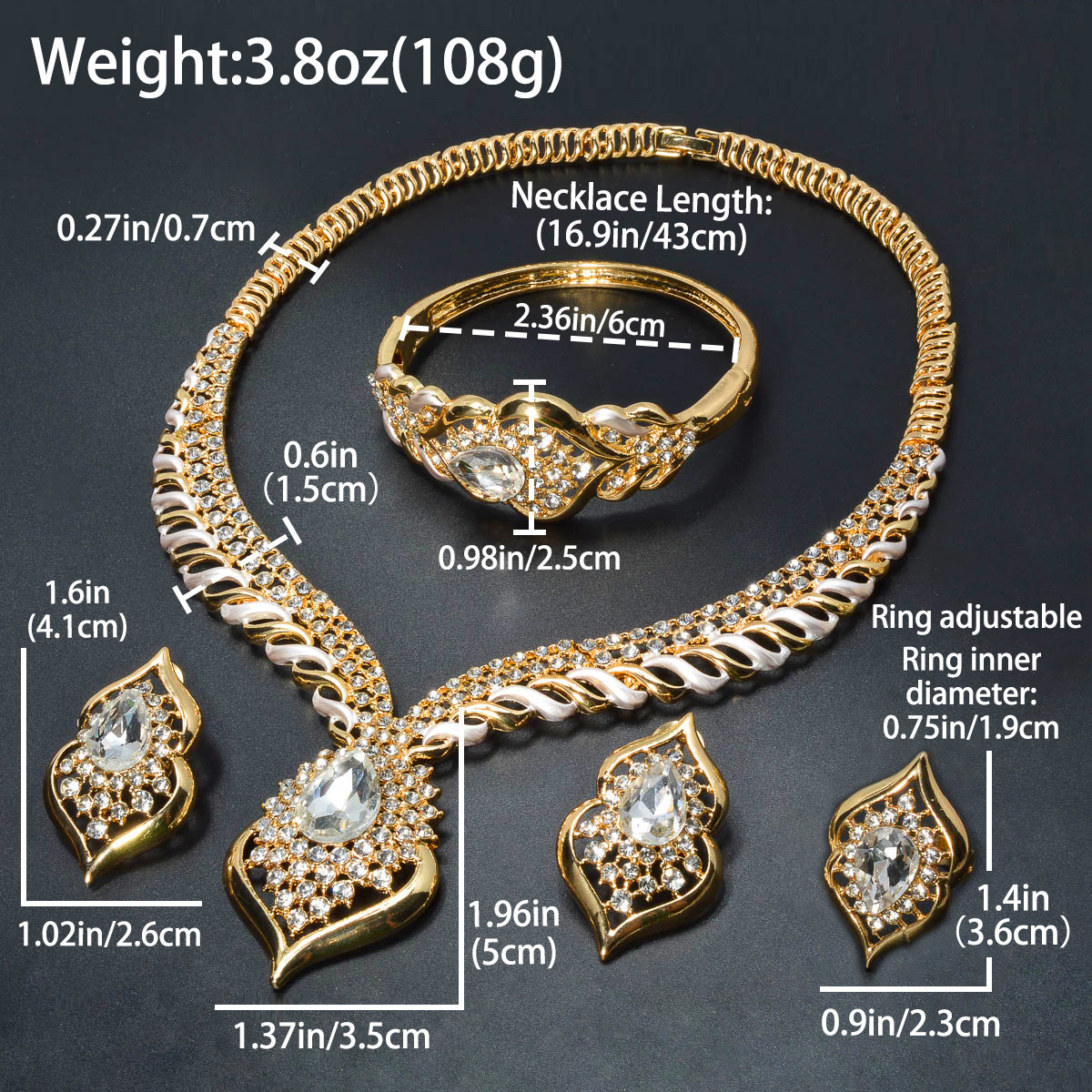 1 Set Elegant Copper Jewelry for Women - Luxury Teardrop Pendant Necklace, Bracelet, Ring, and Earrings with Synthetic Zirconia - Middle Eastern Style for Wedding, Party, Ramadan - All-Season Gift Set
