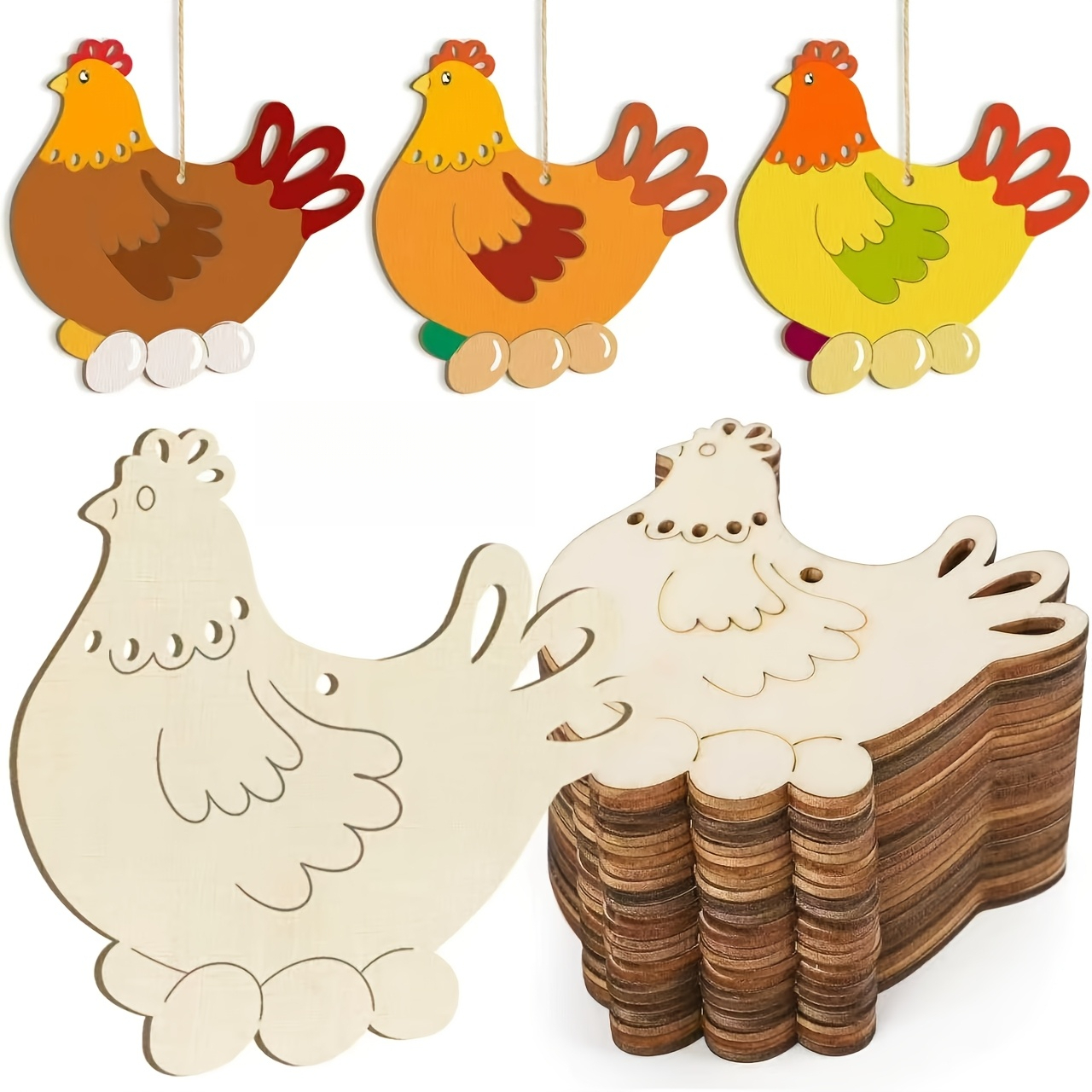 TEMU 2d Flat, 8pcs Set Of Wooden Easter Chicken Ornaments, Unpainted Farm Animal Decorations, Easter/spring Party Decor
