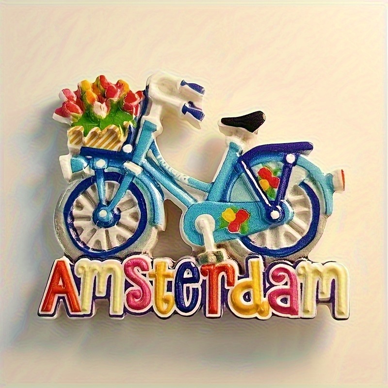 Image of 1pc Amsterdam Bicycle Refrigerator Magnet, Colorful Acrylic Floral Element Fridge Decoration, Themed Souvenir, Christmas Halloween Autumn Home Decor Collectible Ornament