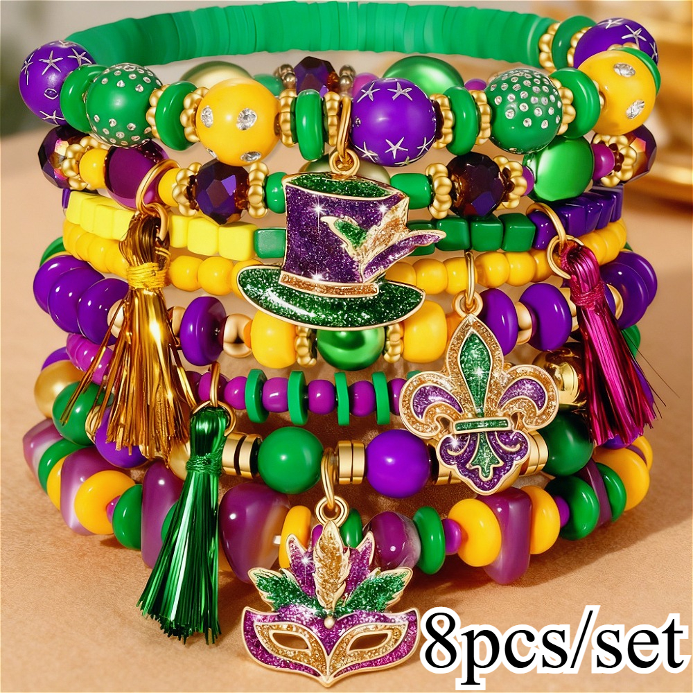 TEMU Set Of 8 Assorted Carnival-themed Beaded Bracelets, Featuring A Bohemian Or Hat Design. Adjustable Bracelets Are Perfect For Daily Use, Festive