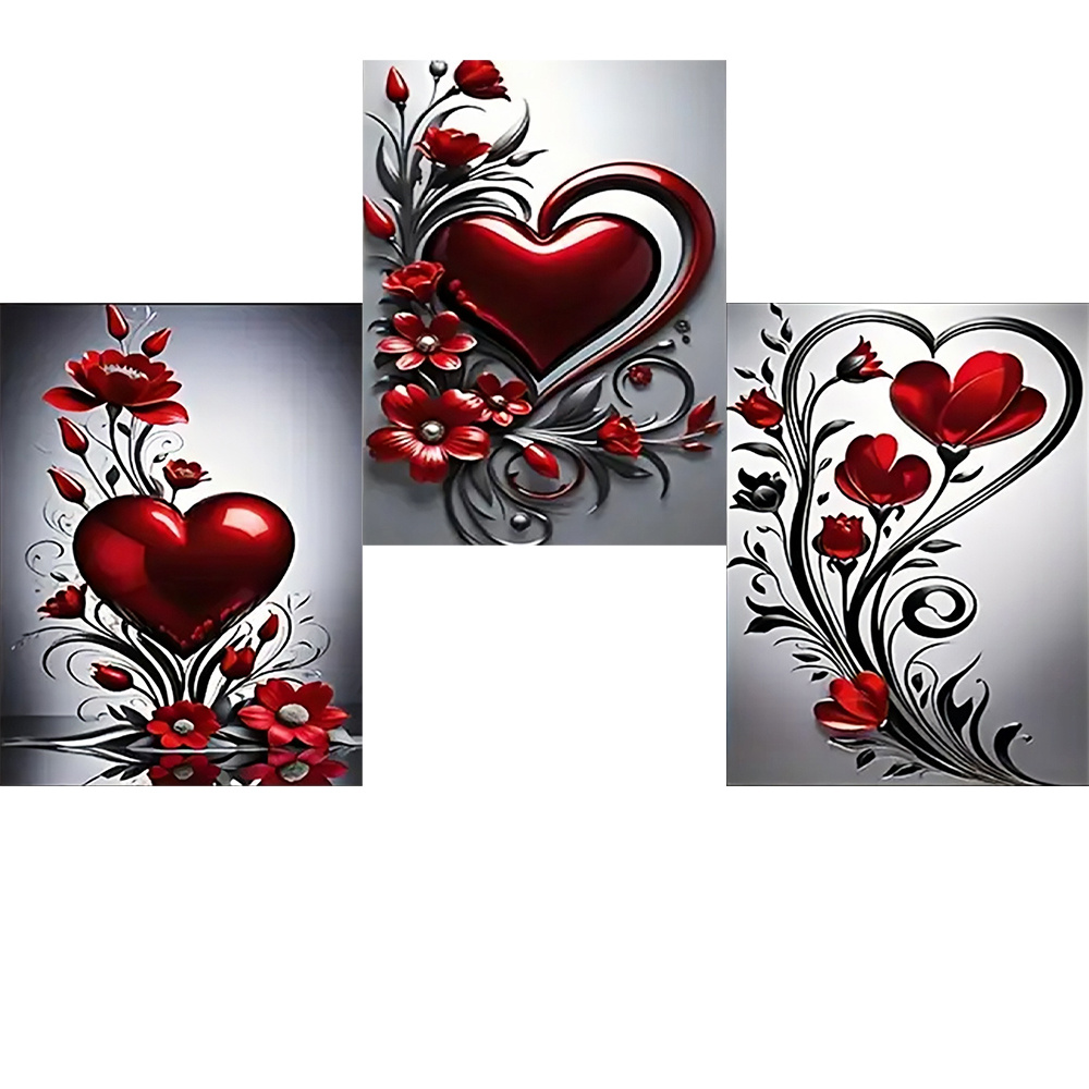 3pcs 5d Diamond Painting Kit, Red Flowers And Hearts Pattern, Frameless Round Acrylic Gem Full Set, Craft, Wall Art, Home Decor And Wall Decoration, For On Holidays And Birthdays, Beginner-friendly