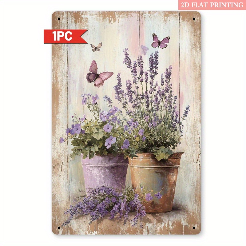 TEMU 2d Flat - 2d Retro Lavender And Metal Wall Art Sign - 8x12 Inch Iron Home Decor With 3d Visual Effect, No Power Needed, Suitable For Bedroom,