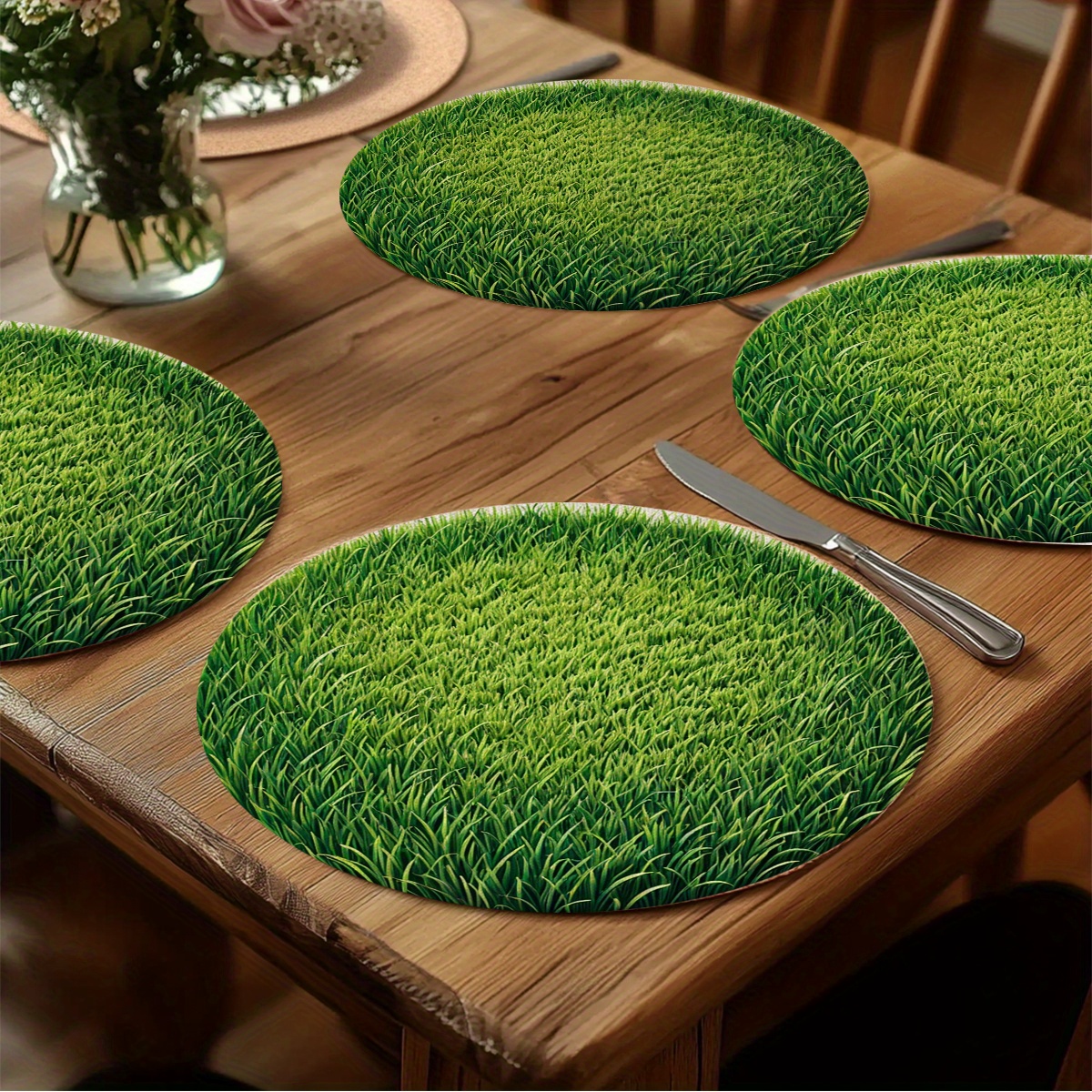 4pcs Green Grass Natural Round Placemats, Polyester 100., Machine Washable, For Party Kitchen Dining Decor, Farmhouse Home Decoration, Table Mats For Dining Table