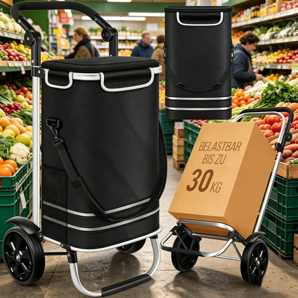 Image of Black 3-in-1 Foldable Shopping Trolley, 56l Grocery Cart With Cooler Compartment Portable Shopping Transport Bag
