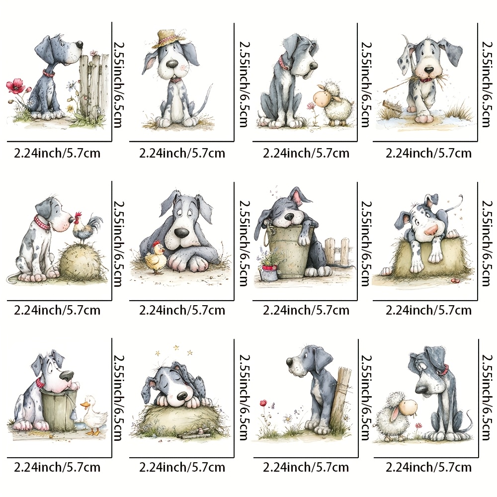TEMU 12 Sheets/set Watercolor Big Dog Pattern Theme Uv Transfer - Suitable For Handicrafts, Mugs, Laptops And Water Bottle Decoration; Self-adhesive