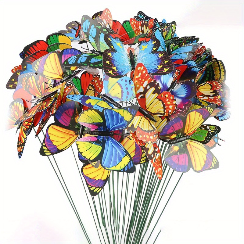 TEMU 300pcs Garden Stakes - 3d Colorful Simulation Butterflies For Outdoor Decor, Fairy Gardens & Flower Pots