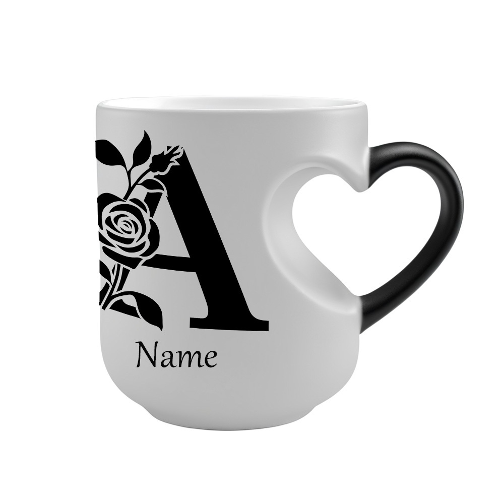 One Custom 11Oz Mug Featuring a Personalized Name And Floral Letter Design That Changes Color with Hot Water: an Ideal Present for Loved Ones - Heart-Shaped Ceramic Cup - Perfect for Halloween, Thanksgiving, And Christmas.