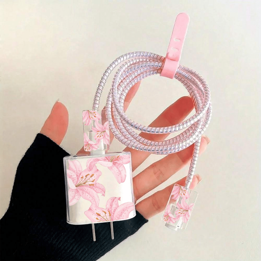 TEMU Juego de 3 fundas protectoras + 1 línea láser + 1 correa, juego de protección para cable de con flor de rosa . Estampado de acuarela de