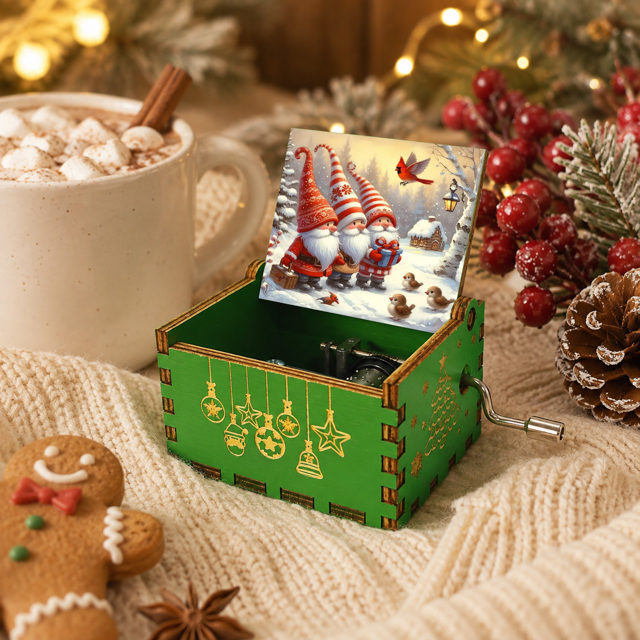 TEMU 1pc Nordic Style Wooden Hand-crank Music Box With Winter Snow Scene & - Wood Suitable For Home Decor, Room,, Christmas Gift, Cozy For And