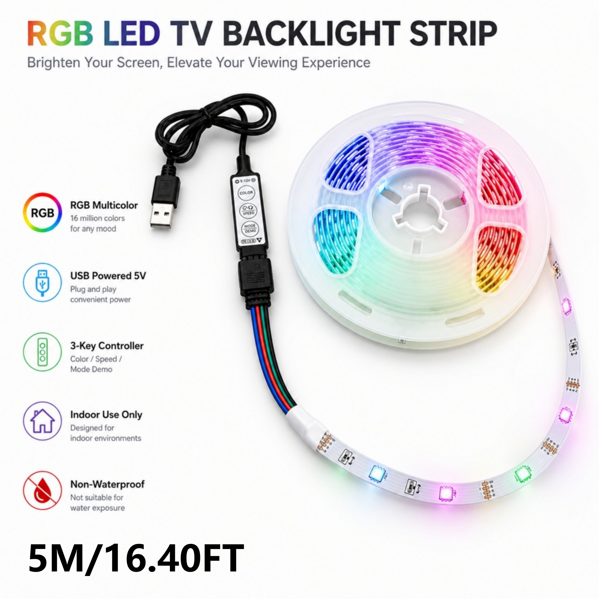 TEMU Sync Rgb Led Strip With Usb . Up To 75 Leds. In 5m. Ideal For Tv, Room, Christmas Decor, Car, Party Ambiance, Night Picnic