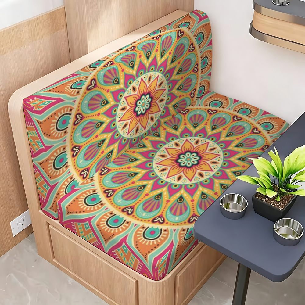TEMU 1set 2d Rv Dinette Cushion Covers, 1 Seat Cover & 1 Backrest Cover, Boho Multicolor Mandala Ethnic Floral Ornament Print, Stretch Protective