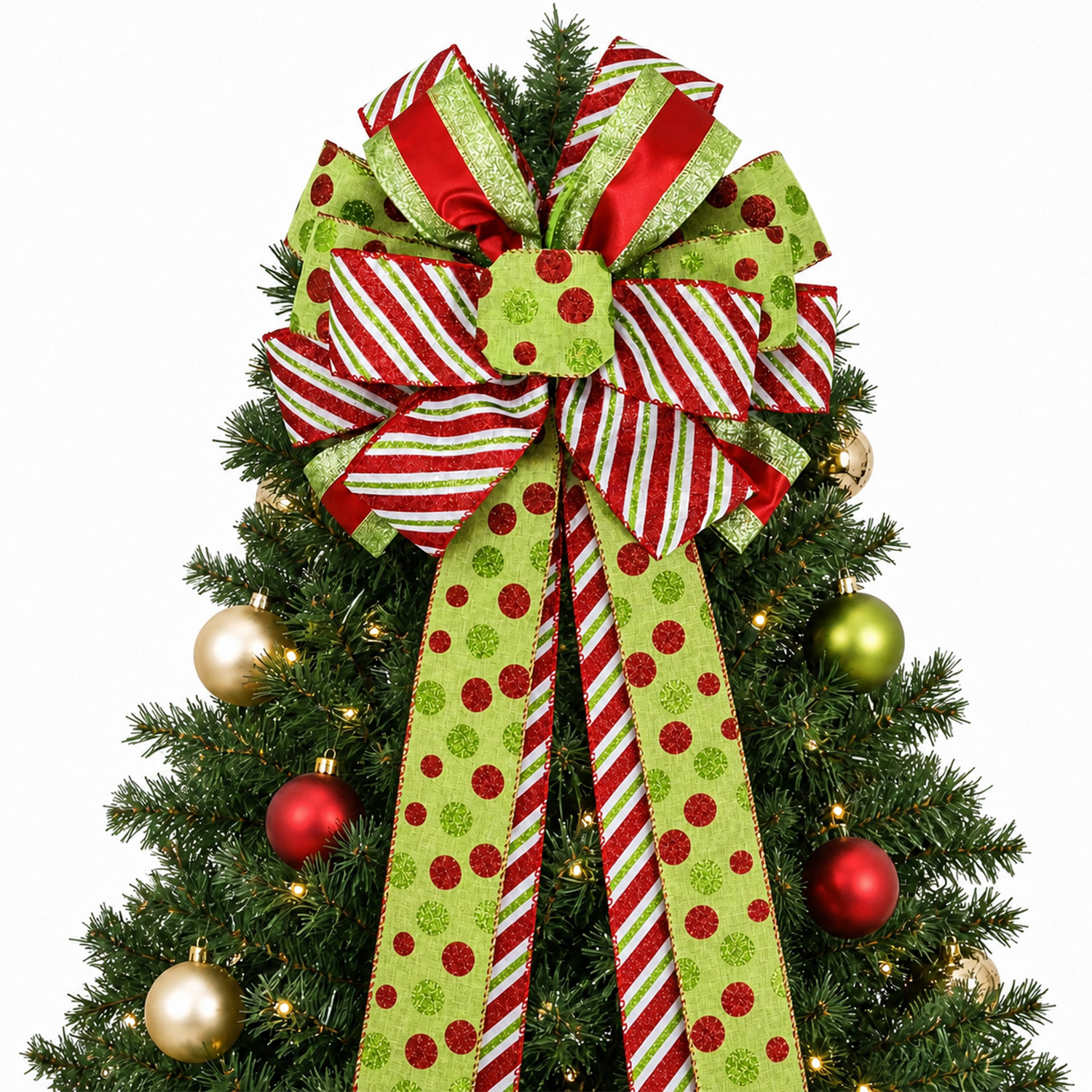 TEMU 1 Large Christmas Tree Topper Bow In Red, Green, And White, With Sequin Polka Dots And Striped Patterns. Suitable For Christmas Trees, Wreaths,