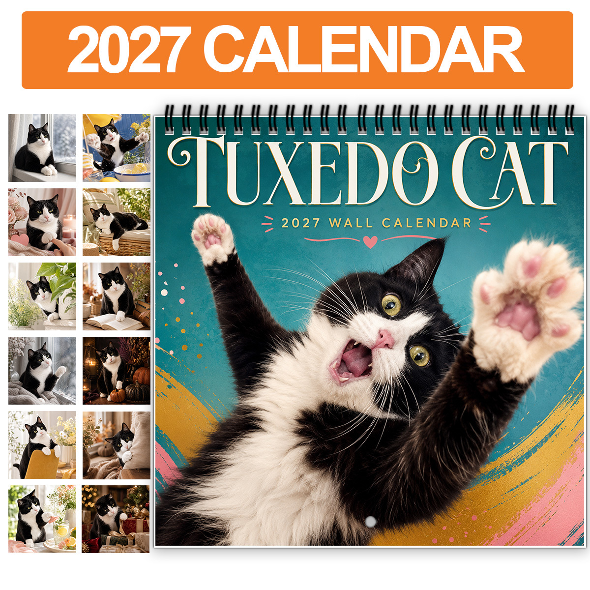 TEMU 2027 Tuxedo Cat Calendar-spiral Coil Hanging Calendar With 12 Months Of Cute Black And White Tuxedo Kitten Portraits, Suitable For Home And