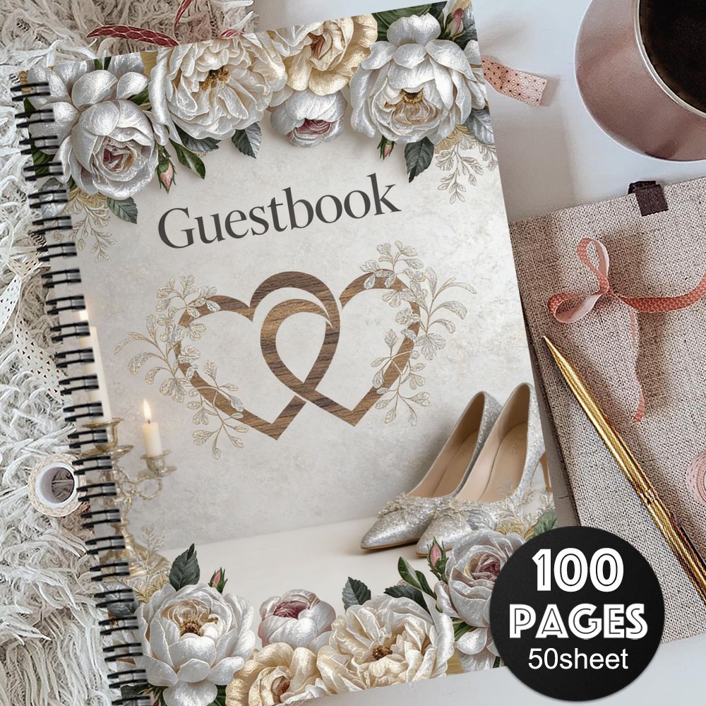 TEMU Beautiful Wedding Guest Book Album, For Guest , Featuring Wedding Flowers, Interlocking Hearts, Candles, And Silvery Bridal Shoes Design. Ideal