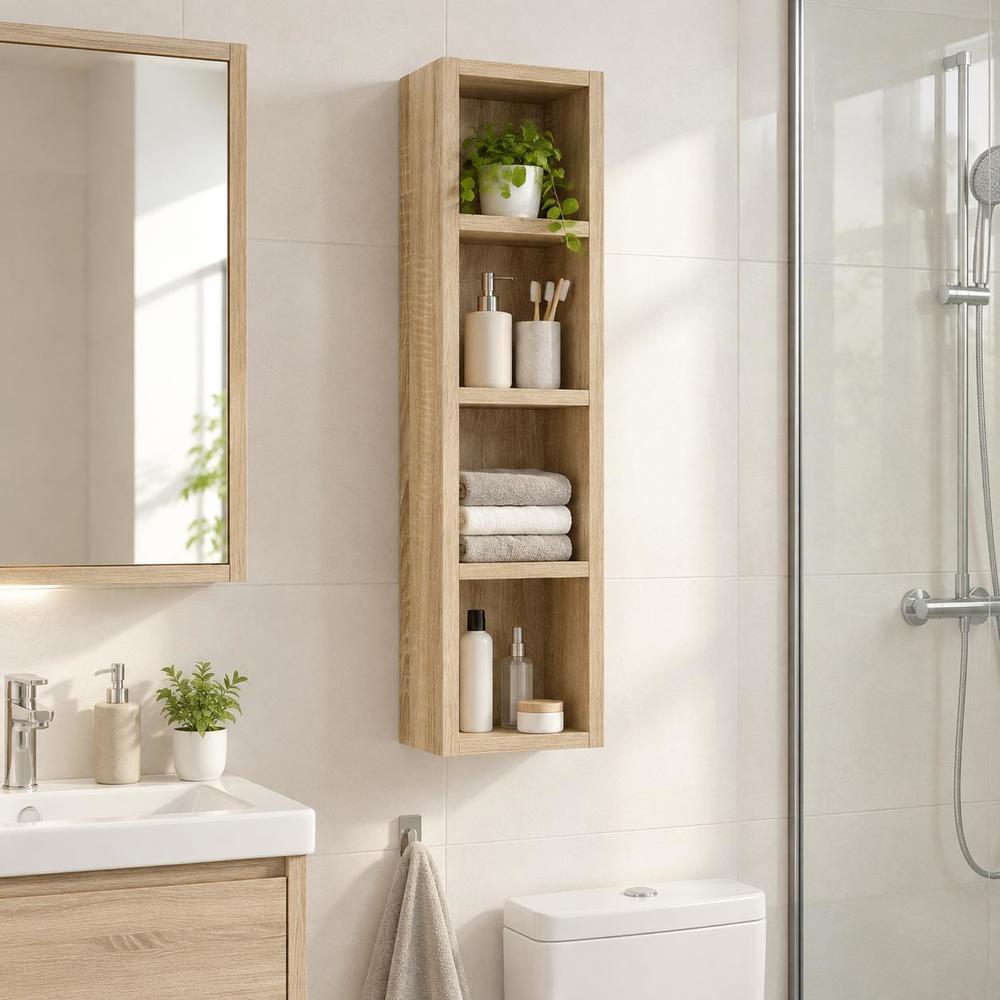 Image of Modern Bathroom Wall Storage Cabinet, Oak Finish Wood Vanity Organizer Shelf For Toiletries, Space Saving Wall Mounted Rack With , X 60.5cm, Shelves