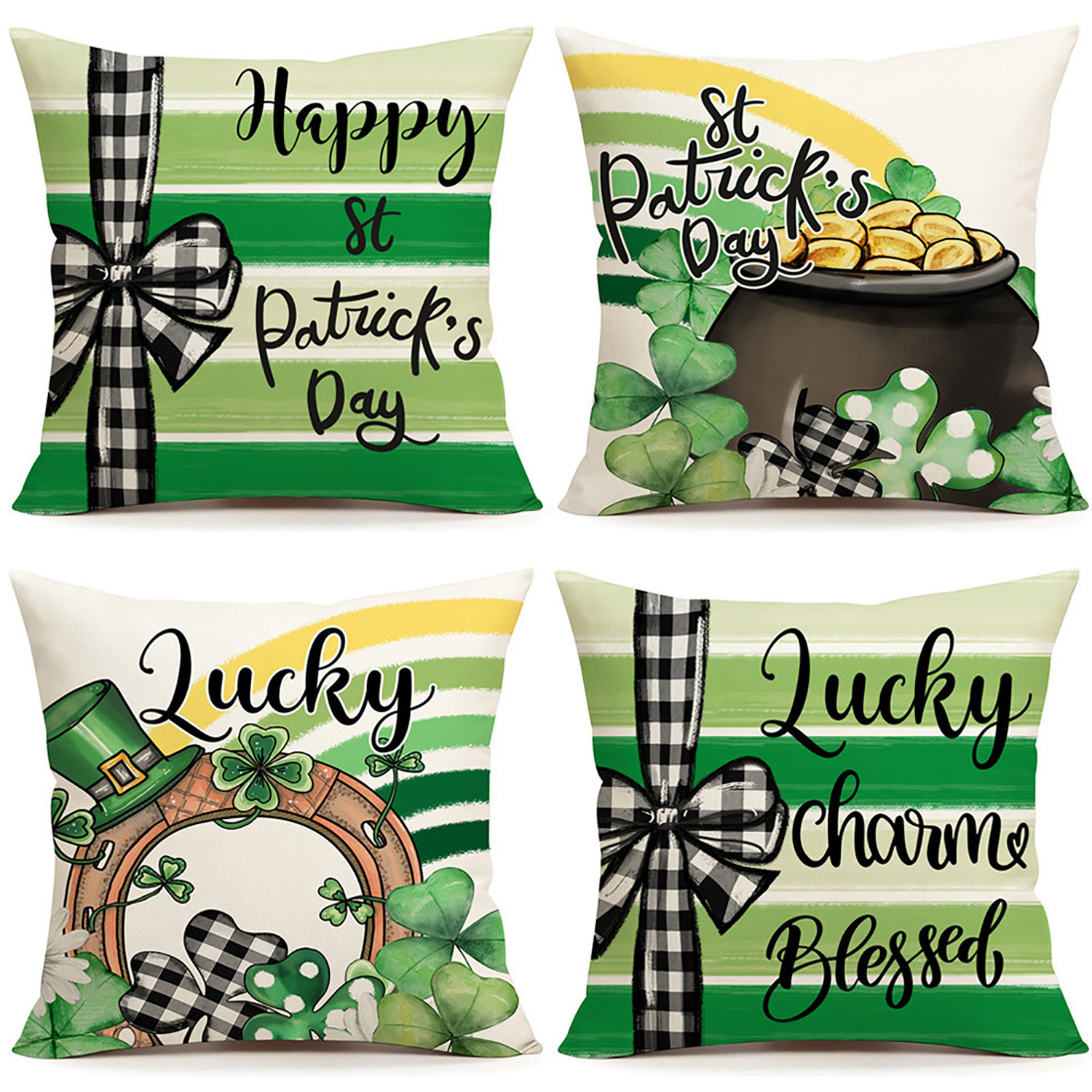 

4pcs St Patricks Day Decorations Charm Blessed St Patricks Day Pillow Covers Bow Shamrock Throw Pillow Case Farmhouse Cushion Cover For Home Sofa Couch