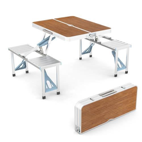 4ft folding camping picnic table set with 4 seats lightweight aluminum frame with umbrella hole 220 lbs capacity plastic rv tabletop portable suitcase design for bbq travel outing gathering