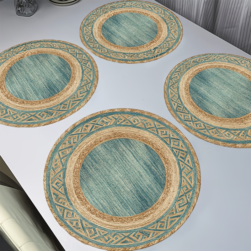 TEMU 4pcs Turquoise Placemats Suitable For Dining Table Decor - Vintage Bohemian Ethnic Geometric Table, Hand Washable With Turquoise Color, Suitable