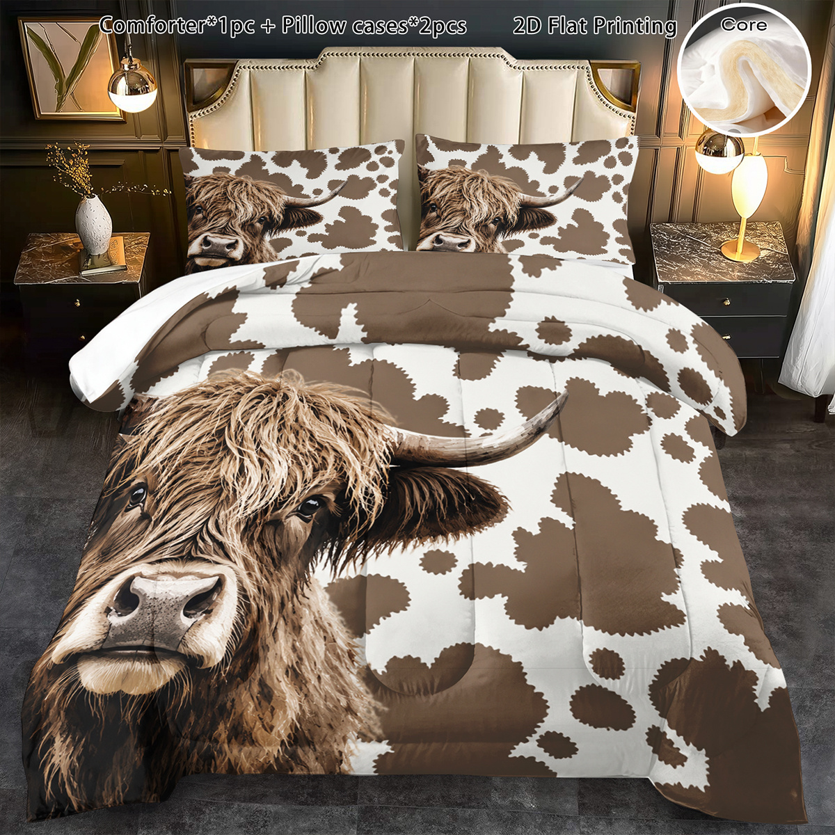 TEMU 3pcs Comforter Set Highland Cow Comforter Set Bderoom Boho Soft Bedding Christmas Gift Quilt Dorm Cute Room Decor Birthday Gift 1 Comforter+2