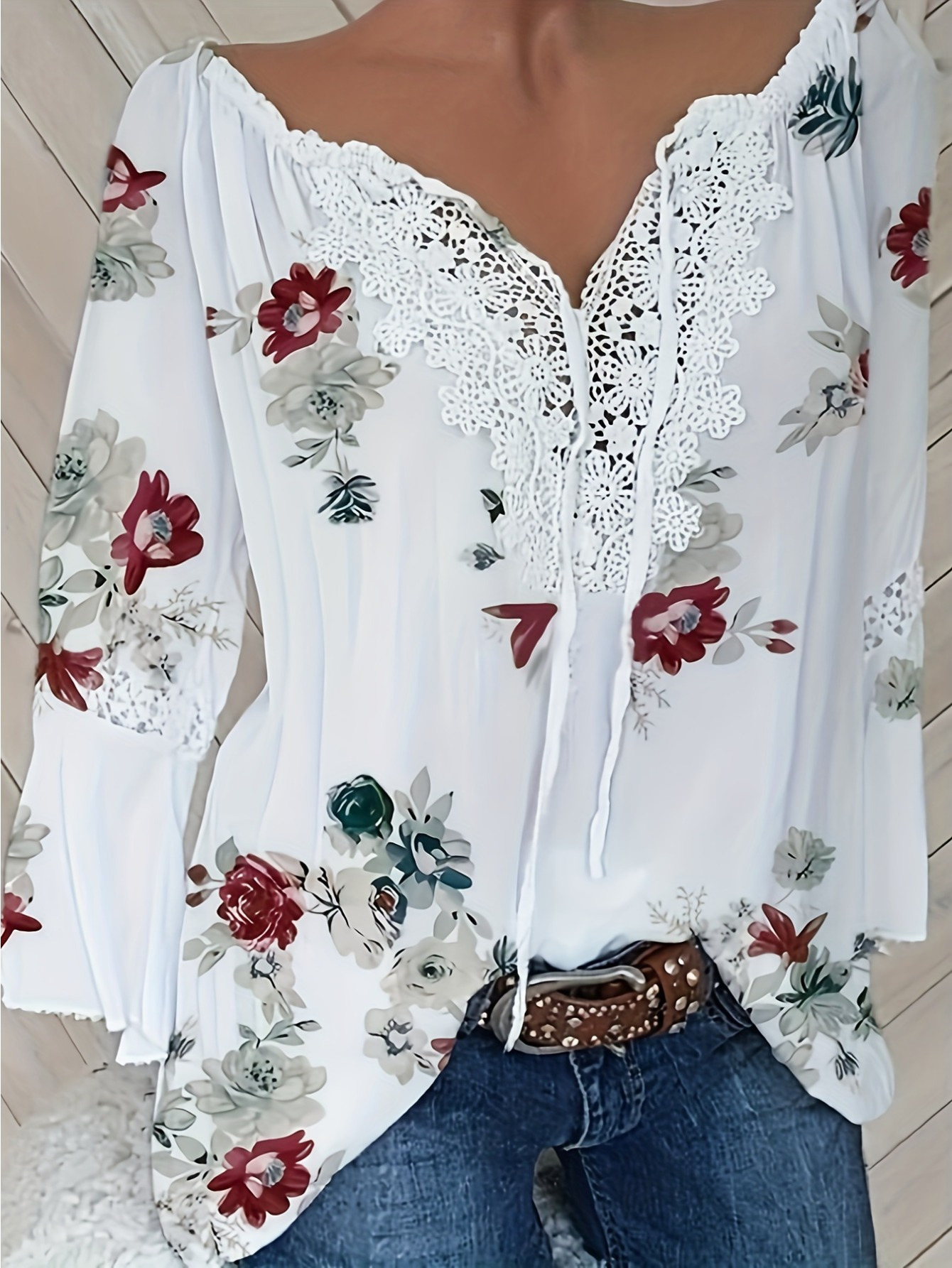plus size women's floral print lace trim v neck long sleeve Temu