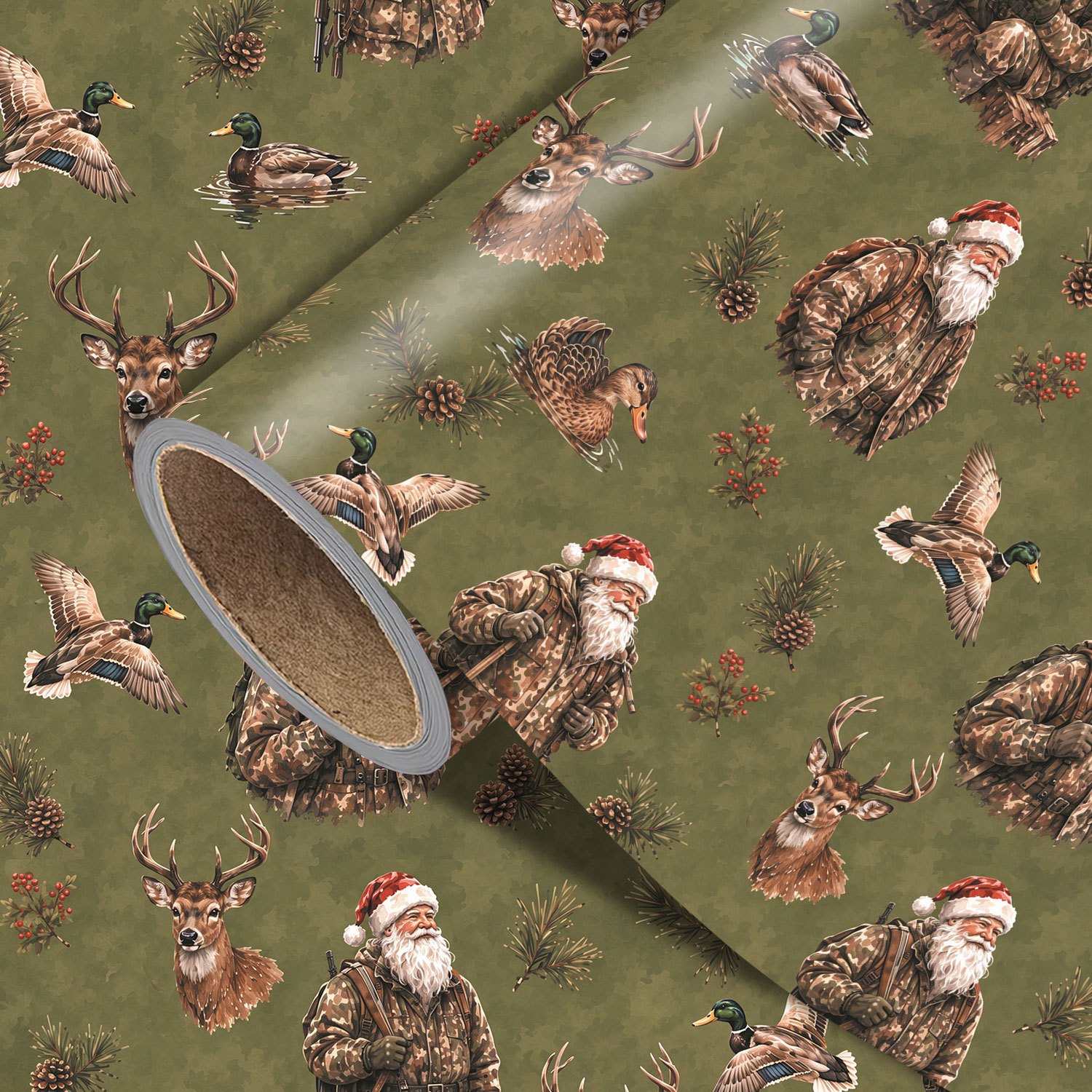 TEMU Rouleau de papier cadeau de Noël Père Noël Chasseur - Mesure 17,7 pouces × 118 pouces, parfait pour emballer des cadeaux de Noël, réaliser des