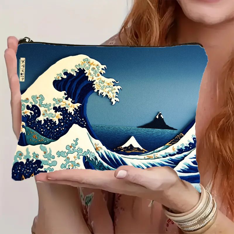 TEMU Makeup Pouch Featuring A 2d Flat Design Of 's Great Wave, Japanese -e Art. This Cosmetic Bag Has A Zipper Closure And Is Lightweight, Portable,