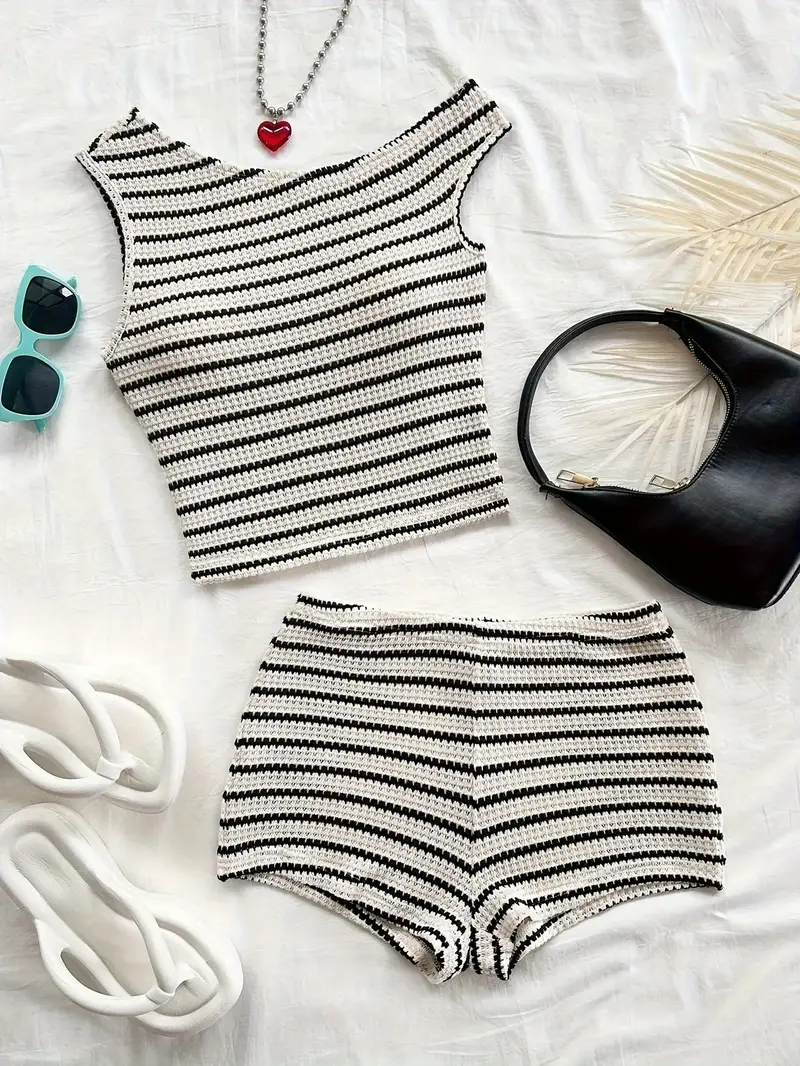 2pcs set womens off shoulder vest shorts striped pajama set Product details 1