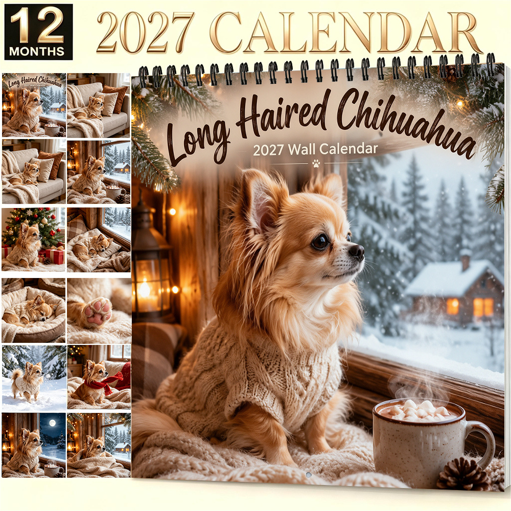 TEMU Calendrier mural 2027 Chihuahua à poil long - Calendrier mural mensuel à suspendre pour la décoration de et du bureau avec photo de chiot