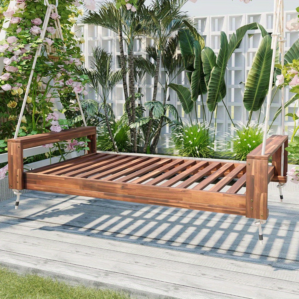 Garden seating. Swing chair. Double-sized porch swing bed seating set with hemp rope swing frame, suitable for gardens and backyards. Minimalist rustic style, ideal for courtyards and gardens. Mattress sold separately.