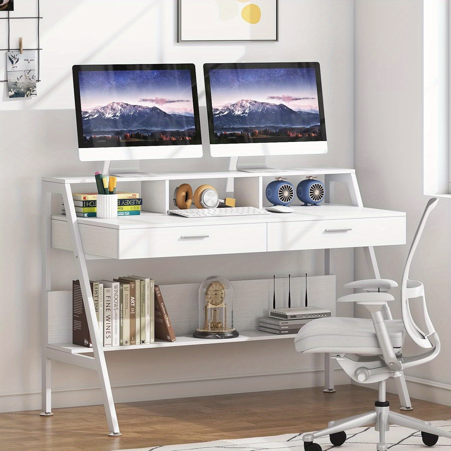 BYBLIGHT 119.38cm Modern Computer Desk with Monitor Stand, 2 Shelves & 2 Drawers - Engineered Wood & Metal Frame, Ergonomic Home Office Desk for Dual Monitors, White