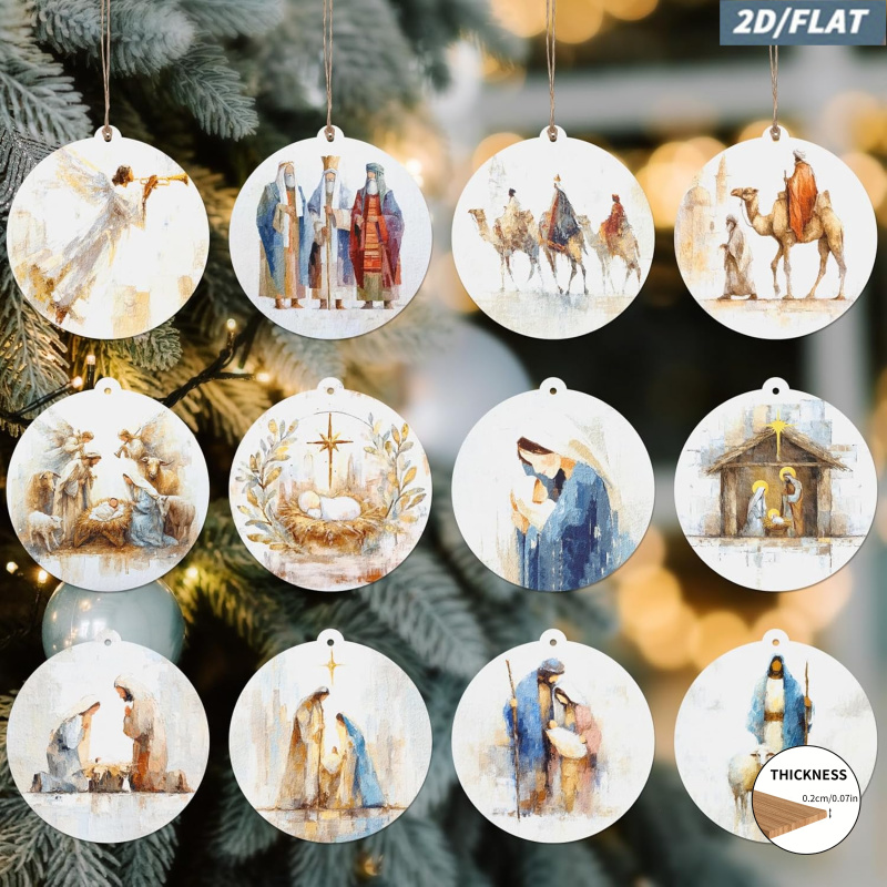 TEMU 12pcs 2d Flat Wooden Watercolor Nativity Scene Ornaments, Christmas Wooden Nativity Scene Hangings, Religious Gifts, Suitable For Christmas Tree