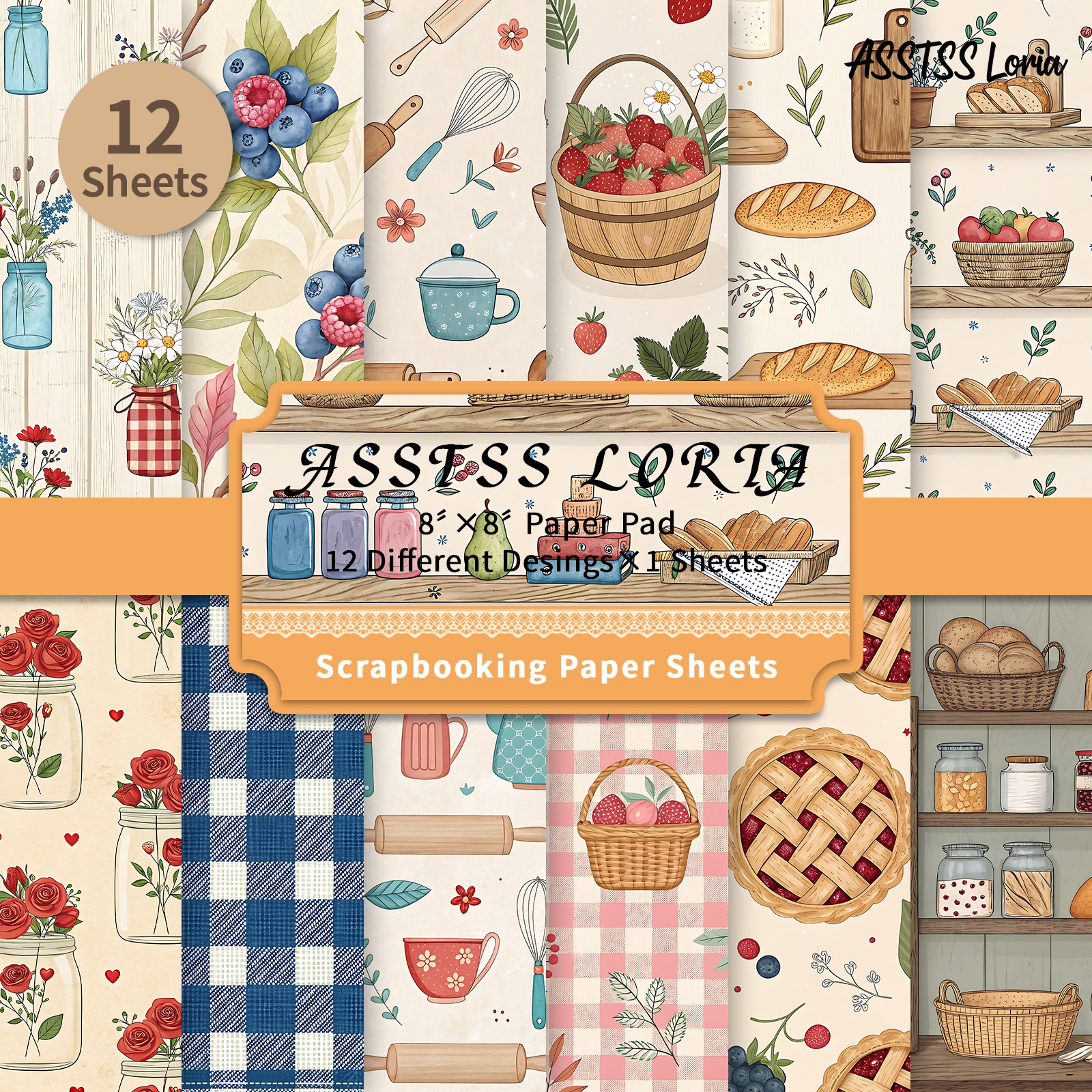 TEMU 12-sheet Asstss Loria 8x8 Inch Scrapbooking Paper Pad, Kitchen Cooking Baking Backing Paper Supplies, Heavyweight Cardstock For Journaling,