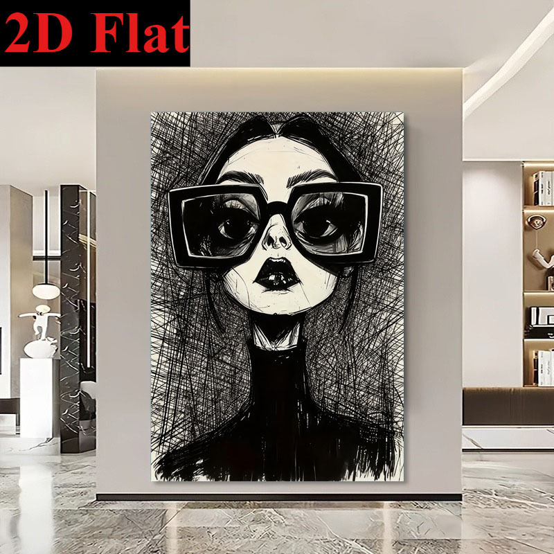 TEMU 2d Flat, Posters&prints: A Frameless Mural, Modern Abstract Style, A Woman Wearing Glasses, Holiday Decoration, Bathroom, Living Room, Wedding