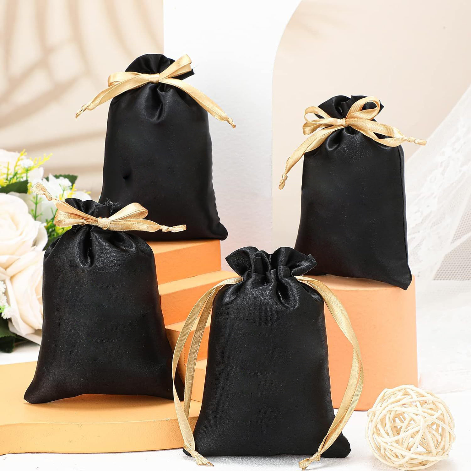 Black Satin Gift Bags, Drawstring Jewelry Candy Pouches