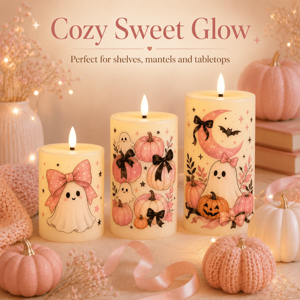 TEMU Candles With Flameless Pink Halloween Pumpkin Plastic Pillar Candles, 3-pack Cute Bow Moon Bat Decorative Candles For Fall Party, Thanksgiving