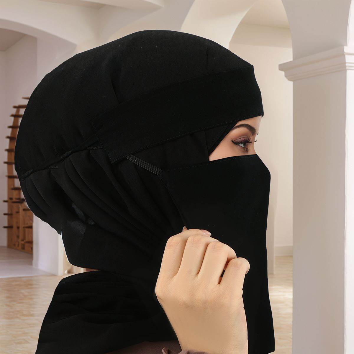 women muslim hijab veil face cover with adjustable elastic straps solid color suitable for daily wear prayer travel machine washable polyester hijab for modest covering elastic for headscarves Product details 3